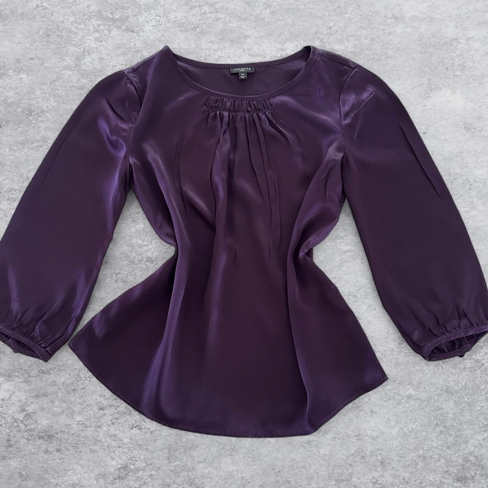 Talbots Womens Purple 100% Silk Blouse Gathered Neck 3/4 Sleeve Size 4P